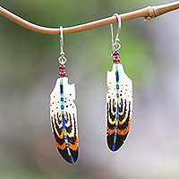 Garnet dangle earrings, 'Antique Feathers' - Hand-Painted Garnet Accent Feather Dangle Earrings