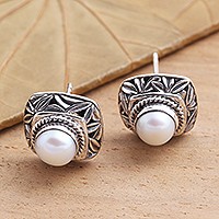 Cultured pearl button earrings, 'Leaves of Bamboo in White' - Cultured Pearl and Sterling Silver Button Earrings