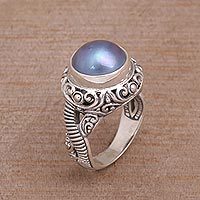 Cultured pearl cocktail ring, 'Seaside Glow' - Elegant Cocktail Ring with Blue Cultured Pearl