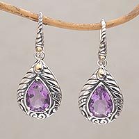 Gold accent amethyst dangle earrings, 'Floral Amulet' - Balinese Gold Accent Amethyst Dangle Earrings