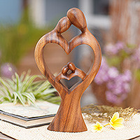 Wood statuette, 'Lovable' - Hand Carved Romantic Suar Wood Statuette from Bali