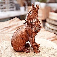 Wood statuette, 'Northern Howl' - Hand Carved Suar Wood Wolf Statuette