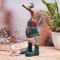 Bamboo root and teak wood figurine, 'Santa's Helper Duck' - Hand-Crafted Bamboo Root and Teak Wood Elf Duck Figurine