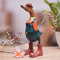 Bamboo root and teak wood figurine, 'Farmer Duck' - Hand-Crafted Bamboo Root and Teak Wood Farmer Duck Figurine