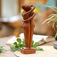 Wood statuette, 'Hold Me Tight' - Romantic Wood Statuette