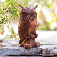 Wood statuette, 'Crested Owl' - Fair Trade Wood Bird Sculpture