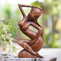 Wood statuette, 'Sensuality' - Female Nude Sculpture