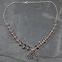 Garnet floral necklace, 'Scarlet Garland' - Floral Jewelry Sterling Silver Garnet Necklace