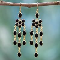 Gold vermeil onyx chandelier earrings, 'Midnight Bloom' - Onyx Gold Vermeil Chandelier Earrings