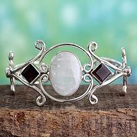 Rainbow moonstone and garnet cuff bracelet, 'Grace' - Moonstone Garnet and Amethyst Sterling Silver Cuff Bracelet