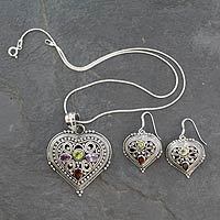 Amethyst and peridot jewelry set, 'Joyful Heart' - Sterling Silver Necklace and Earrings Jewelry Set