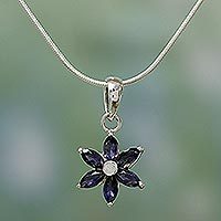 Iolite choker, 'Ocean Daisy' - Floral Jewelry Iolite and Sterling Silver Necklace