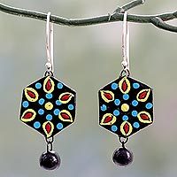 Ceramic dangle earrings, 'Mughal Midnight' - Handmade Black and Multicolor Ceramic Dangle Earrings