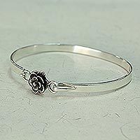 Sterling silver bangle bracelet, 'Rose Beauty' - Hand Made Sterling Silver Rose Bracelet from India