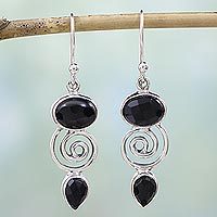 Onyx dangle earrings, 'Romantic Journey' - Hand Made Onyx Sterling Silver Dangle Earrings from India