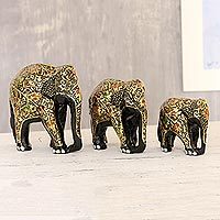 Papier mache sculptures, 'Walking Elephant Family' (set of 3) - Black and Gold Papier Mache Elephant Sculptures (Set of 3)