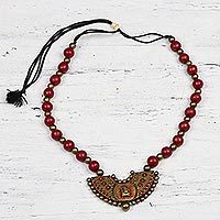 Ceramic pendant necklace, 'Divine Ganesha' - Red and Gold Divine Ganesha Ceramic Pendant Necklace