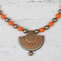 Ceramic pendant necklace, 'Ornate Fan' - Gold and Orange Ceramic Ornate Fan Beaded Pendant Necklace