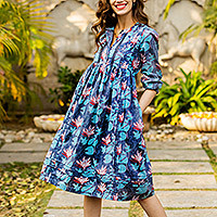 Cotton shift dress, 'Blue Self' - Floral Printed Blue-Toned Knee-Length Cotton Shift Dress