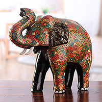 Papier mache and wood sculpture, 'Arcadian Elephant' - Hand-Painted Floral Papier Mache and Wood Elephant Sculpture