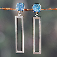 Drusy quartz dangle earrings, 'United Modernity' - Rectangle Sterling Silver and Drusy Quartz Dangle Earrings