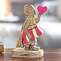 Wood sculpture, 'Loving Messenger' - Hand-Painted Mango Wood Romantic Sculpture in Vibrant Hues