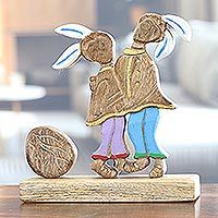 Wood sculpture, 'Romantic Bunnies' - Hand-Painted Mango Wood Easter Sculpture from India