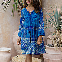 Embroidered cotton A-line dress, 'Heavenly Blue' - Embroidered Blue Cotton Easy-Fit A-Line Dress from India