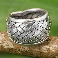 Silver band ring, 'Weaving Fantasies' - Modern Silver Band Ring with Woven Textures Crafted by Hand