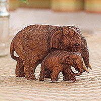 Teak wood statuette, 'Mother's Protection' - Thai Teak Wood Elephant Statuette with Ivory Wood Tusks