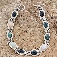 Jade and yellow quartz link bracelet, 'Jocotenango Rainbow' - Handcrafted Sterling Silver Link Jade Bracelet