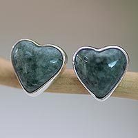 Jade heart button earrings, 'Love Sacred' - Jade Heart Earrings Artisan Crafted Jewelry