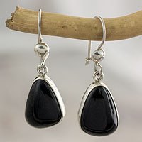 Jade dangle earrings, 'Maya Night' - Guatemalan Hand Crafted Sterling Silver Black Jade Earrings