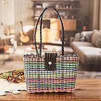 Handwoven tote bag, 'Colors of Happiness' - Eco-Friendly Hand-Woven Recycled Vinyl Cord Tote Bag