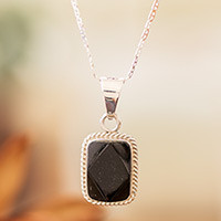 Jade pendant necklace, 'Black Maya Princess' - Silver Necklace with Rectangular Faceted Black Jade Pendant