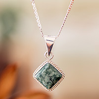 Jade pendant necklace, 'Light Green Diamond' - Silver Necklace with Rhombus-Shaped Green Jade Pendant