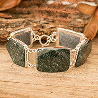 Jade link bracelet, 'Maya Empress' - Polished Sterling Silver Bracelet with Dark Green Jade Links