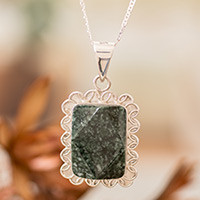 Jade pendant necklace, 'Dark Green Daisy' - Silver Necklace with Faceted Dark Green Jade Pendant