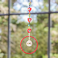 Glass beaded suncatcher, 'Romantic Sparks' - Handcrafted Red Glass and Crystal Beaded Suncatcher