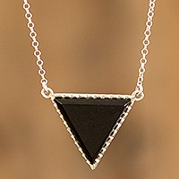 Jade pendant necklace, 'Black Triangle' - Black Jade Triangle Pendant Necklace in Sterling Silver