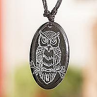 Jade pendant necklace, 'Wisdom Owl' - Owl-themed Unisex Adjustable Jade Pendant Necklace