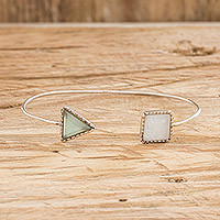 Jade cuff bracelet, 'Geometric Shapes in Green' - Geometric Themed Sterling Silver and Jade Cuff Bracelet