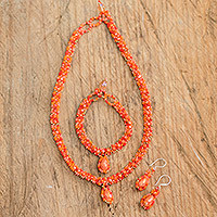 Beaded jewelry set, 'Finesse in Orange' - Beaded Pendant Necklace Earrings and Bracelet Jewelry Set