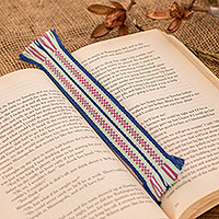 Cotton bookmark, 'Sweet Letters' - Handwoven Blue and Pink Fringed Cotton Bookmark