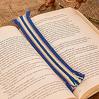 Cotton bookmark, 'Striped Letters' - Handwoven Blue and Yellow Striped Cotton Bookmark