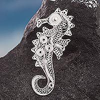 Silver filigree brooch pin, 'Shining Seahorse' - Peruvian Fine Silver Filigree Brooch Pin