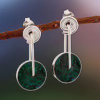 Chrysocolla dangle earrings, 'Magic Circle' - Modern Sterling Silver Chrysocolla Dangle Earrings