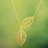 Gold plated sterling silver lariat necklace, 'Freedom of the Wind' - 18k Gold Plated Sterling Silver Leaf Necklace from Peru