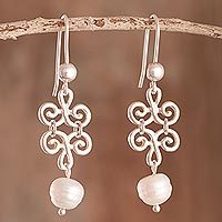 Cultured pearl dangle earrings, 'Chic Beauty' - Petal Motif Cultured Pearl Dangle Earrings from Peru