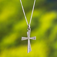 Sterling silver pendant necklace, 'Heavenly Cross' - 925 Sterling Silver Minimalist Cross Necklace from Peru